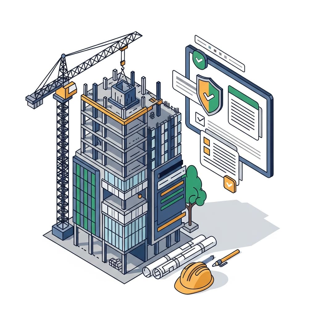 Ilustración isométrica: edificio en construcción, grúa y panel de cumplimiento PLD